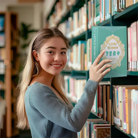Person placing a book on a library shelf, smiling, with books in the background.