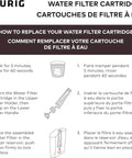 Instructions for replacing water filter cartridges for 2.0 K-Cup Pod Coffee Makers. Steps include soaking, inserting, and placing filter.