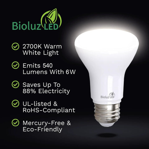 BR20 LED Bulbs 2700K Warm White Dimmable 6W to 50W Replacement 540 Lumens 90 CRI Ideal For Indoor And Outdoor Use