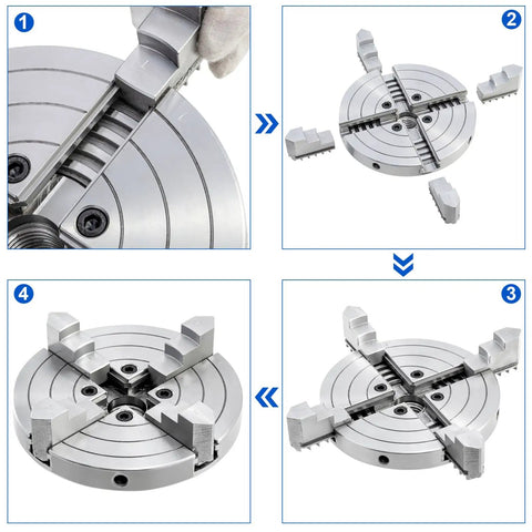 Six Inch Four Jaw Self Centering Wood Lathe Chuck Kit with 1 by 8 TPI thread components and assembly steps.