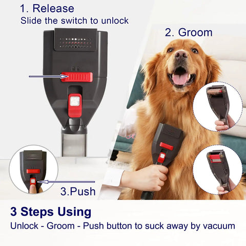 Dog Hair Vacuum Attachment For Vacuum Cleaners Pet Grooming Tool With Extension Hose And Adapter demonstration on dog