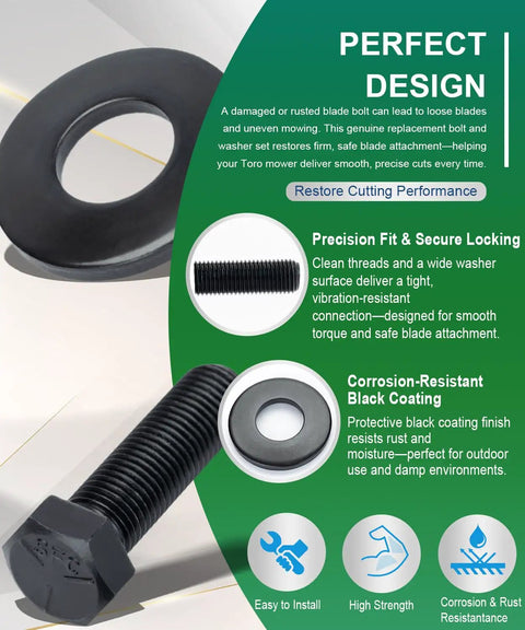 Three Pack Blade Bolt And Washer Kit OEM Replacement For Toro Exmark TimeMaster Recycler Mowers, Includes 26-0671 And 3290-465 Fasteners, Black Oxide Steel, Fits 30-Inch TimeMaster, Recycler, Quest Zero-Turn, And Commercial 30 Walk-Behind Series. black bolt and washer close-up