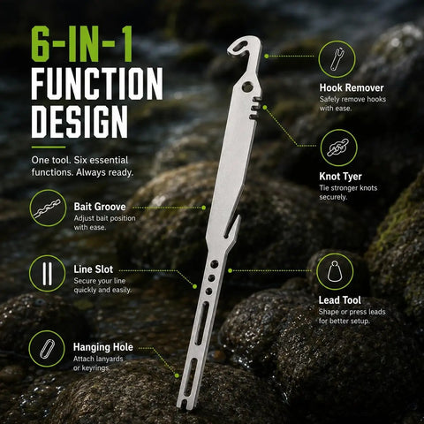 6-In-1 Stainless Steel Fishing Tool Hook Remover With Quick Hook Extraction, Knot Tying, Lead Rolling And Line Handling, Pro-Grade All-In-One Gear For Safe Hands-Free Catch And Release on rocks
