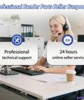 Customer support representative providing professional sander parts service in an office setting with headset and computer.
