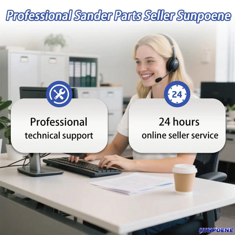 Customer support representative providing professional sander parts service in an office setting with headset and computer.