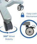 Close-up of wheels on Must Have Height Adjustable Mobile Ultrasound Cart With Probe Holders Wire Basket And Lockable Wheels