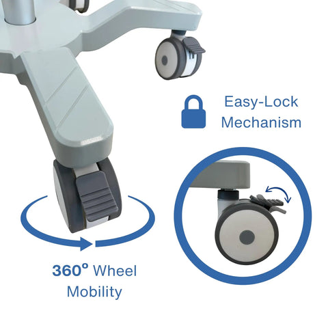 Close-up of wheels on Must Have Height Adjustable Mobile Ultrasound Cart With Probe Holders Wire Basket And Lockable Wheels
