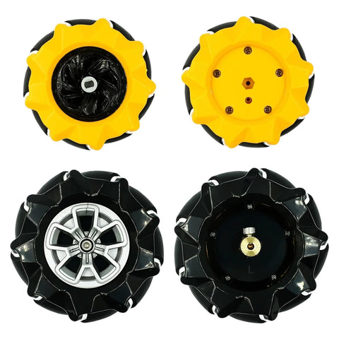 Mecanum wheel set (4) with yellow outer rims and black centers; high-hardness plastic, 6 mm hubs for omni-directional robot cars.