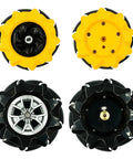 Four mecanum omni wheels for robot cars; two yellow-hub and two black-hub wheels with mounting interfaces.
