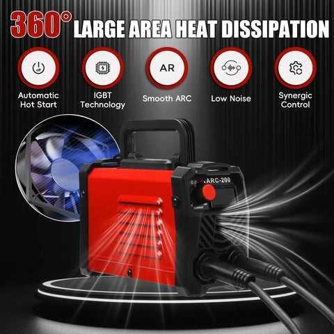 Portable 200A Arc Welder for Home and Workshop with 110V IGBT inverter, showcasing fan and heat dissipation features, digital display visible.
