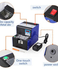 Automatic Screw Feeder Machine With Digital Display Counts M1.0 To M5.0 Fasteners Quick And Easy While Running Smooth As Butter For No Sweat Factory Floor Assembly Jobs showing metal silo, switches, and power socket.