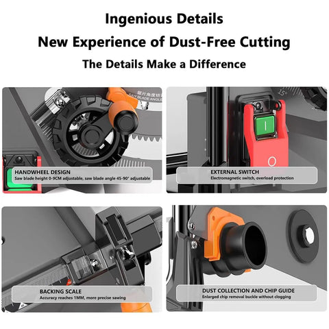 8.5 Inch Dust Free Table Saw With Beast Mode Motor And No Fuss Accuracy features adjustable handwheel design and dust collection.