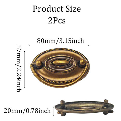 Antique Cabinet Ring Pulls Set Of 2, showing product size 80x57x20 mm, vintage drop drawer handles, classic decorative hardware knobs