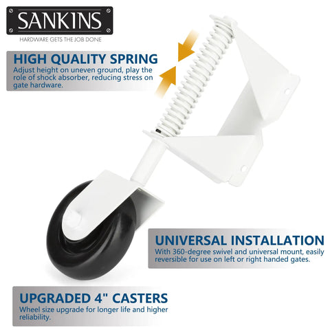 Rock Solid Heavy Duty Gate Wheel Caster With Four Inch Swivel Design, spring-loaded shock-absorbing mechanism for stability.