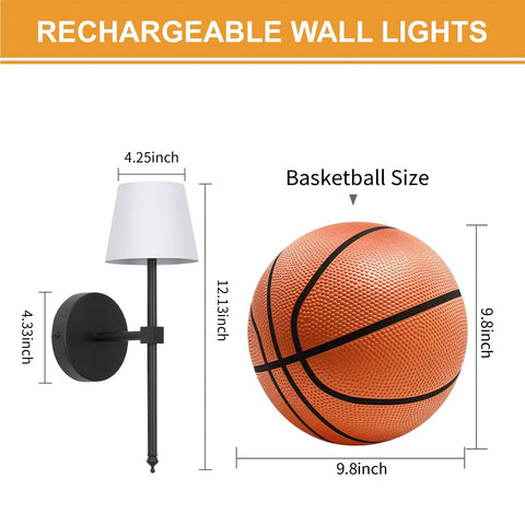 FRIDEKO HOME Black Battery Operated Wall Sconces Set of 2 Small, 12.2in. dimensions alongside a basketball for size reference.