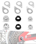 12 Piece Bicycle Axle Nut And Safety Washers Kit With Three Sizes M8 M9.5 M10 For Front And Rear Wheels Fits Mountain Road Kid City Bikes Black And Silver Nut Washers Set Easy DIY Replacement Pro Grade showing nuts and washers with a bike wheel