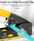 Pro Grade RJ45 Crimp Tool Kit With Pass Through Connectors For Cat7 Cat6a Cat6 Cat5e Cat5 in use crimping cable