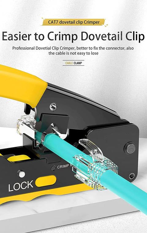Pro Grade RJ45 Crimp Tool Kit With Pass Through Connectors For Cat7 Cat6a Cat6 Cat5e Cat5 in use crimping cable