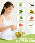 Woman preparing salad next to list of herbs and vegetables like lettuce, basil, and tomato from Compact Vertical Hydroponics Garden Tower.