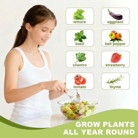 Woman preparing salad next to list of herbs and vegetables like lettuce, basil, and tomato from Compact Vertical Hydroponics Garden Tower.