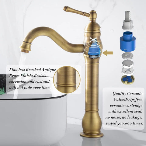 Antique Brass Vessel Sink Faucet With 360 Degree Swivel Spout Tall Brushed Brass Lavatory Vanity Mixer Single Handle Hot Cold Water No Splash Filtered Bubbler Pop Up Drain Deck Mount