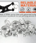 Close-up of 352 Piece Spring Band Hose Clamp Kit With 15 Sizes From 6 To 25 Mm In Grey showing metal construction and pliers