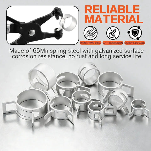 Close-up of 352 Piece Spring Band Hose Clamp Kit With 15 Sizes From 6 To 25 Mm In Grey showing metal construction and pliers