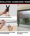 Installation steps for Door Stoppers Security Bar 2 Pack showing removal of yoke and foot, adjusting length, and placing under sliding door.