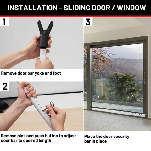 Installation steps for Door Stoppers Security Bar 2 Pack showing removal of yoke and foot, adjusting length, and placing under sliding door.