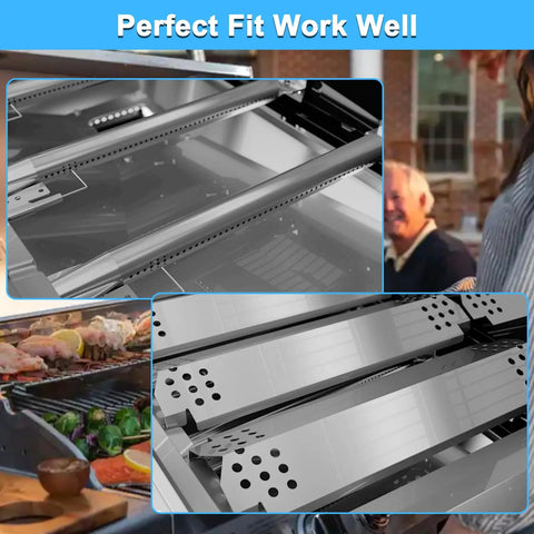 Close-up of stainless steel burners and heat plates in the Five Pack Stainless Steel Burners With Heat Plates And Electronic Igniters Replacement Kit For 7200888 7200888N And 7200830H Gas Grills Restore Performance Like New And Keep Grilling Easy