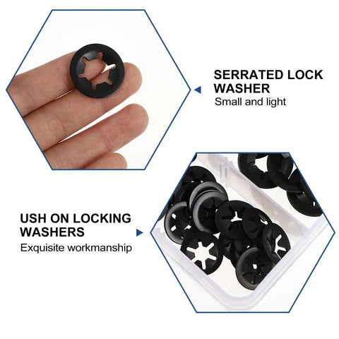 Heavy Duty Push On Lock Washers Set Internal Tooth Serrated Stainless Steel Quick Locking Washers Assortment Kit For Industrial Fastening Replacement And Maintenance Projects, close-up of serrated washer and box