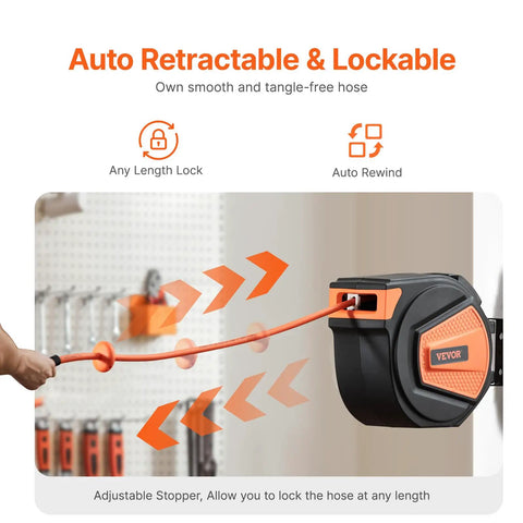 Image of Shop Grade Retractable Air Hose Reel with Sixty Five Foot Three Eighths Inch Hybrid Hose auto rewind feature