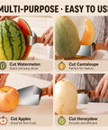 Triangular Watermelon Cutter With 304 Stainless Steel Blade slicing watermelon, cantaloupe, apple, and honeydew on display.