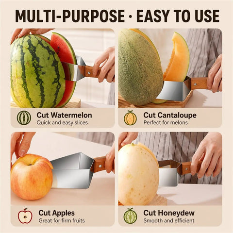 Triangular Watermelon Cutter With 304 Stainless Steel Blade slicing watermelon, cantaloupe, apple, and honeydew on display.