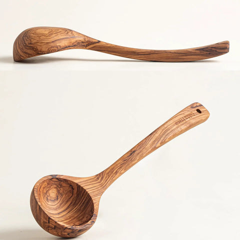 Premium Italian Olive Wood Ladle Kitchen Spoon That Totally Slaps With 12 Inch Long Handle and Deep Bowl Head For Cooking Soup Naturally Handcrafted Non Toxic Serving Tool on a light background.