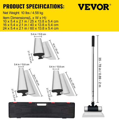 Pro Grade Drywall Skimming Blade Set With 10, 16, And 24 Inch Blades Plus 35 To 78 Inch Extension Handle, Aluminum Blade Housing