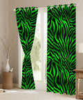 Light Green And Black Zebra Print Blackout Curtains 52W X 63L, 2 Panel Set With Easy Slide Grommets in a living room setting