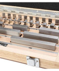Rock Solid And Dead Accurate Woodworking Gauge Block Toolkit With Router Table Setup Bar For Pro Shop Fence Calibration and smooth jig alignment in a wooden case with metal blocks.