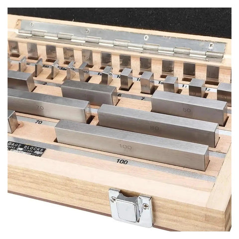 Rock Solid And Dead Accurate Woodworking Gauge Block Toolkit With Router Table Setup Bar For Pro Shop Fence Calibration and smooth jig alignment in a wooden case with metal blocks.