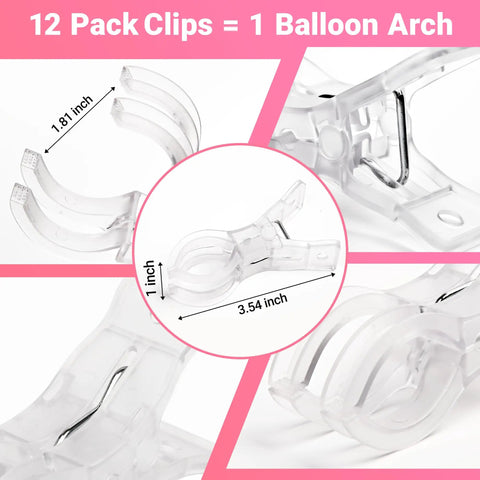 Close-up of 12 Pack Balloon Arch Clips 3.5 Inch showing dimensions and clear design, for backdrop stands and balloon garlands