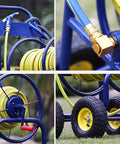 Heavy Duty Garden Hose Reel Cart With Smooth Rolling Caster Wheels, robust yellow hose and durable wheels for outdoor use.