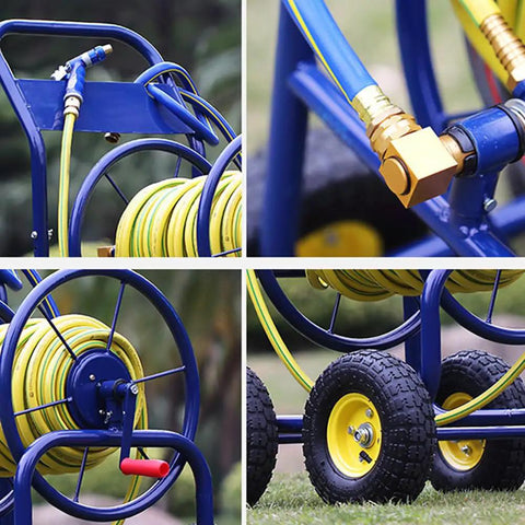 Heavy Duty Garden Hose Reel Cart With Smooth Rolling Caster Wheels, robust yellow hose and durable wheels for outdoor use.