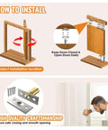Installation guide for Covert Hidden Door Hinge Heavy Duty Pivot for wood cabinets and bookcases, showing rotation and mounting steps.