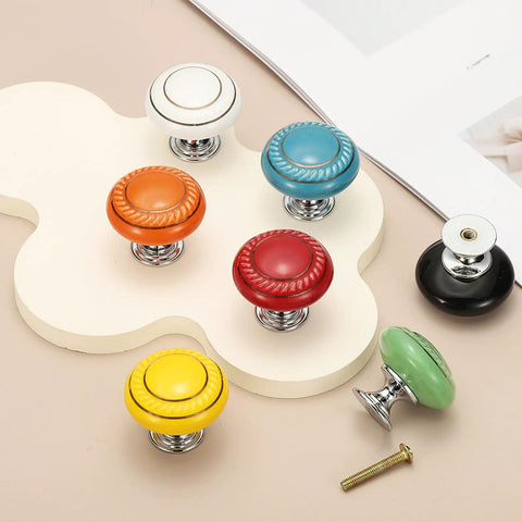 Two Pack Ceramic Cabinet Knobs 1.4 Inch Round Drawer Pulls With Mounting Screws, Orange Knobs Center with Chrome Bases
