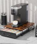 Vertuo Pod Holder And Organizer For Nespresso VertuoLine Rustic Brown Wood Top With Mesh Shelves And Sliding Drawer, countertop setup