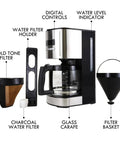 Programmable Drip Coffee Maker With Glass Carafe 12 Cup Capacity Regular And Bold Brew Auto Shut Off with components shown