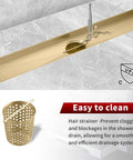 36 Inch Linear Shower Drain Gold Rectangular Floor Drain With V Shape Channel For Fast Drainage 304 Stainless Steel cUPC Certified shown with hair strainer