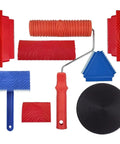 Game Changing Wood Grain Roller Set For Creating Lifelike Fake Wood Texture On Walls And Furniture With Heavy Duty Rubber Graining Tool. Red and blue rubber rollers and tools for DIY.