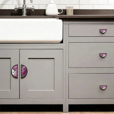 2 Pack Botanical Peony Cabinet Handles In Black 3 Inch Hole Center Semicircle Drawer Pulls on grey kitchen cabinets