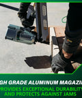 Framing Nailer With High Grade Aluminum Magazine For Tough As Nails Performance Jam Free Pneumatic Tool Accepts Two Inch To Three And A Quarter Inch Collated Nails Twenty One Degree Includes Rafter Hook NR83A5S1 in use on a construction project